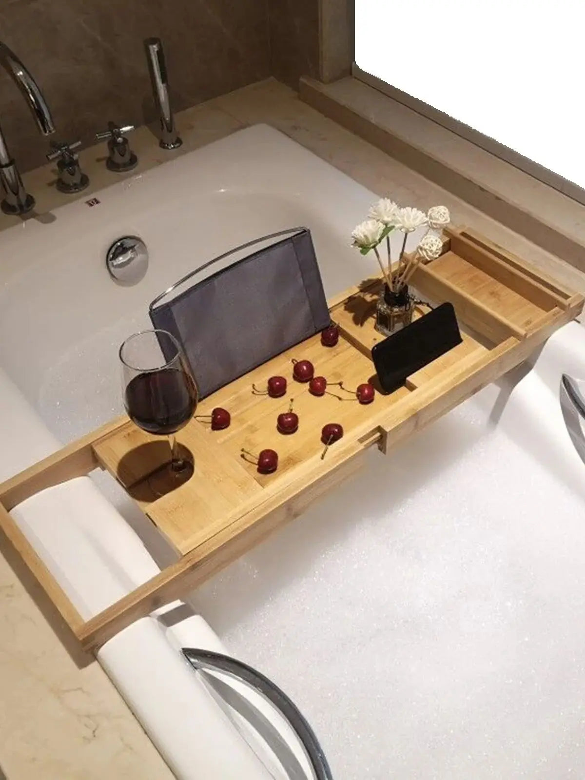 Expandable Bamboo Bathtub Tray – Large Capacity Bath Caddy for Wine, Phone & Tablet